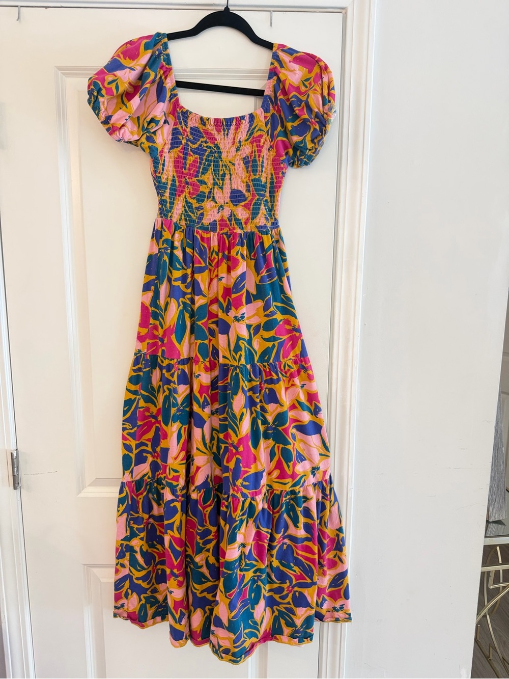 DownEast Pink & Teal Floral Maxi Dress with Puff Sleeves